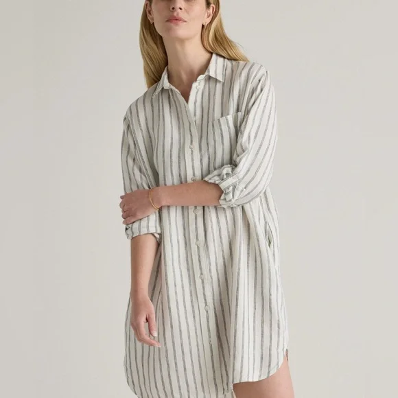 Quince Shirt Dress Women’s Flax European Linen Shirt Dress Pinstriped Pockets L - Picture 1 of 7